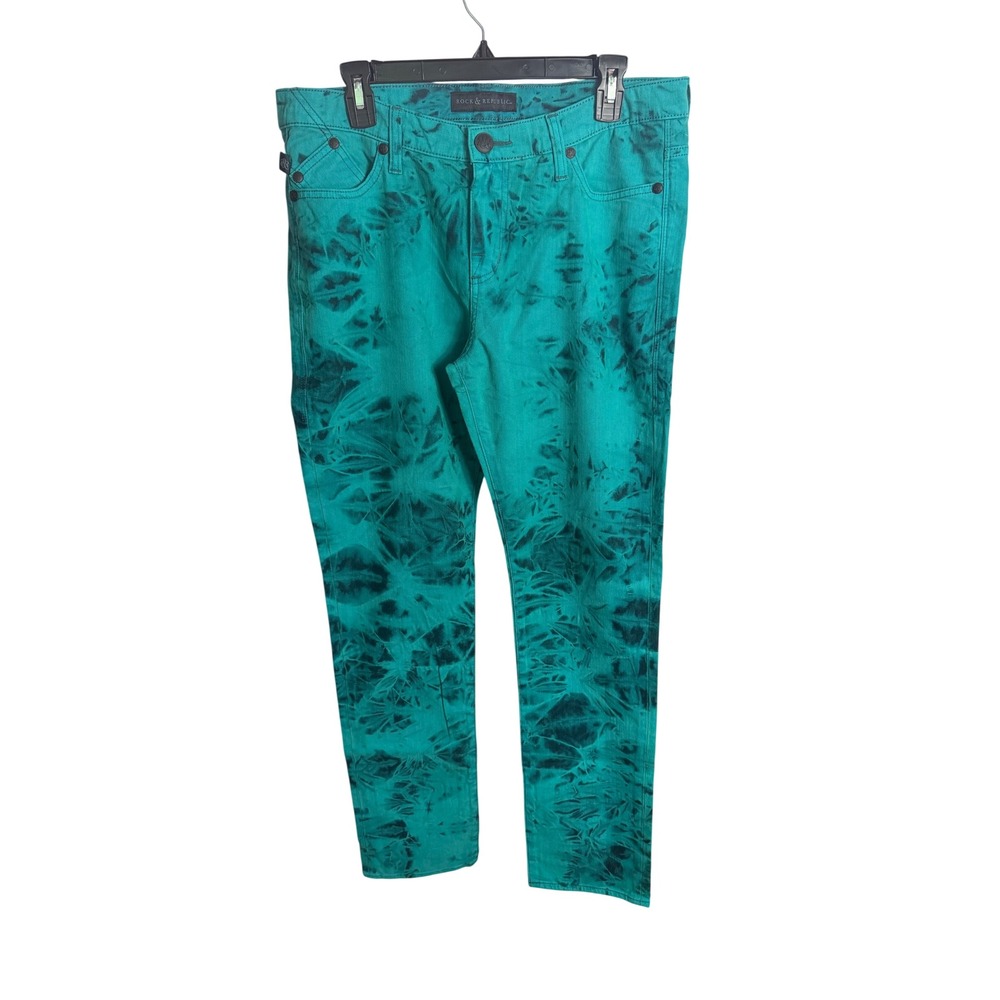 Rock & Republic Berlin Jeans 14 M Teal Green Tie Dye Slim Straight Leg Denim